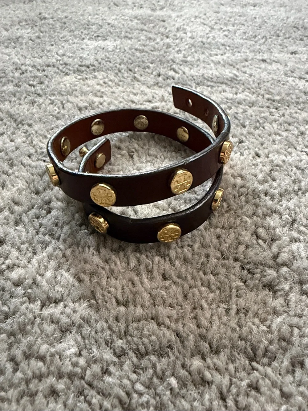 Tory Burch Brown Leather Wrap Bracelet with Gold Accents